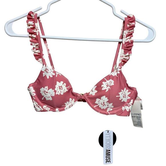 AMUSE SOCIETY Bikini Top Harlow Underwire Rose Pink White Floral Ruffle NEW S - Picture 2 of 13
